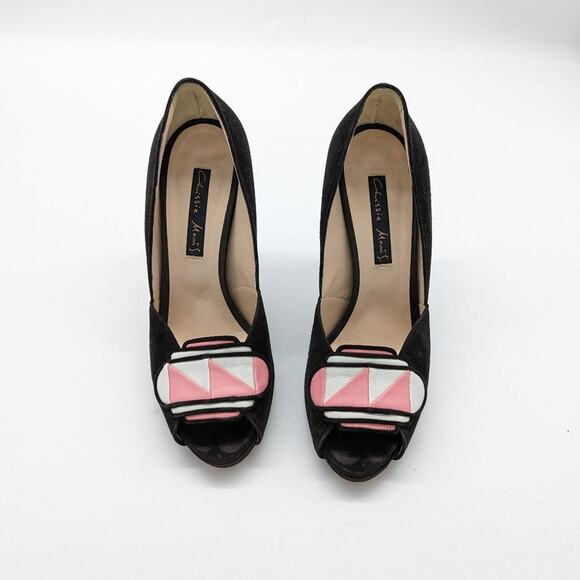 Chrissie Morris Black Suede Peep Toe Heels Pink Geometric Toe Pattern Size 40 - Picture 7 of 10